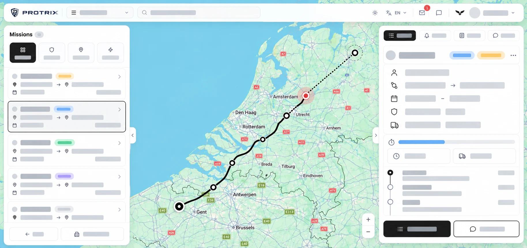 Command center: the missions list, the live map with one escort mid-route, and the mission console