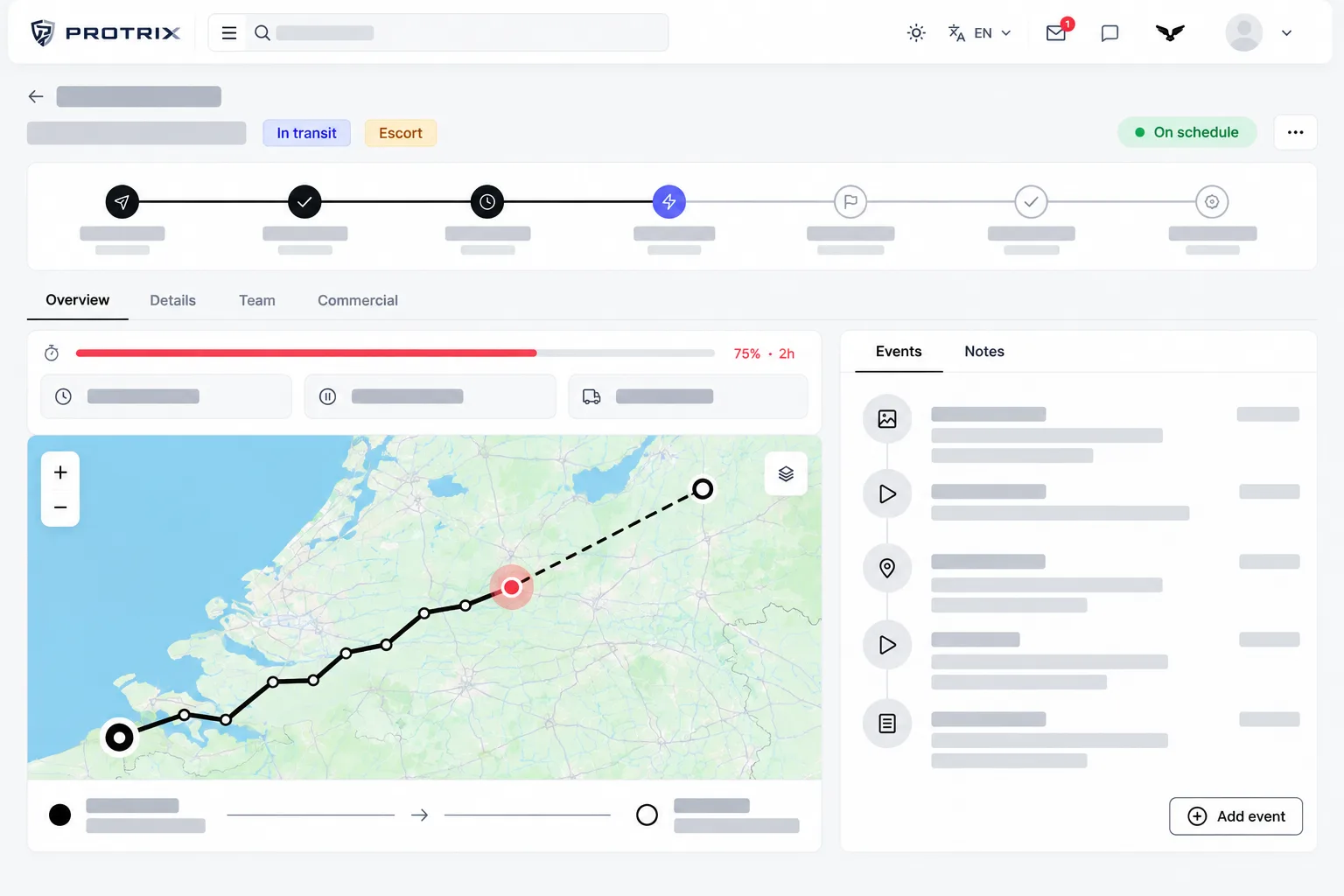 Mission detail: the progress stepper, the Overview tab with the route map and leg strip, and the Events / Notes column